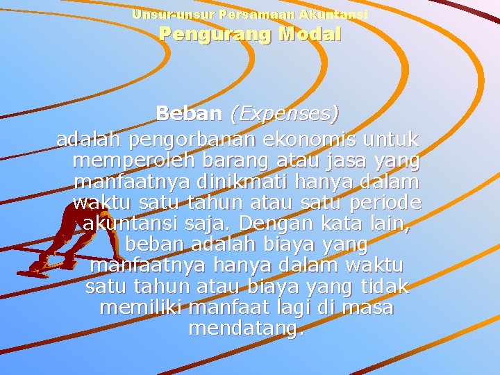 Unsur-unsur Persamaan Akuntansi Pengurang Modal Beban (Expenses) adalah pengorbanan ekonomis untuk memperoleh barang atau