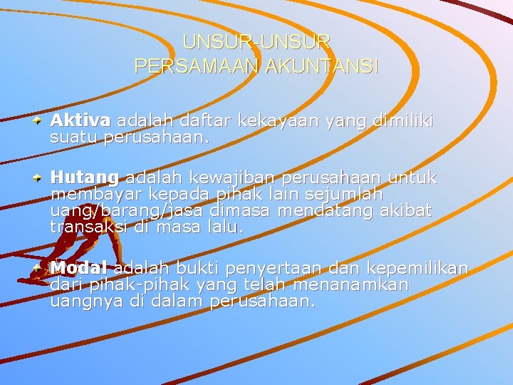 UNSUR-UNSUR PERSAMAAN AKUNTANSI Aktiva adalah daftar kekayaan yang dimiliki suatu perusahaan. Hutang adalah kewajiban