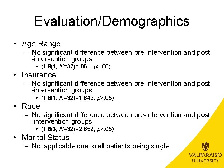 Evaluation/Demographics • Age Range – No significant difference between pre-intervention and post -intervention groups