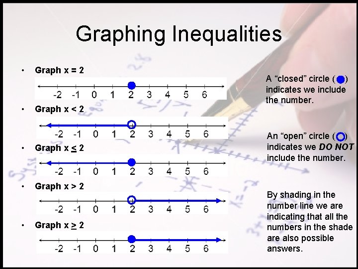 Graphing Inequalities • Graph x = 2 • Graph x < 2 • Graph