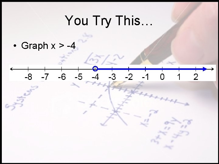 You Try This… • Graph x > -4 