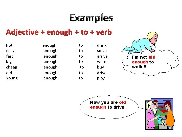 Examples Adjective + enough + to + verb hot easy fast big cheap old