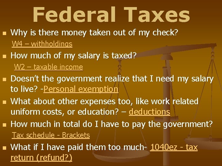 Federal Taxes n Why is there money taken out of my check? W 4