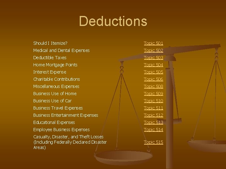 Deductions Should I Itemize? Topic 501 Medical and Dental Expenses Topic 502 Deductible Taxes