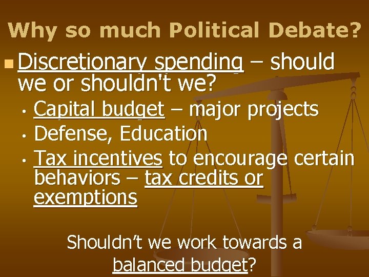 Why so much Political Debate? n Discretionary spending – should we or shouldn't we? Why so much Political Debate? n Discretionary spending – should we or shouldn't we?