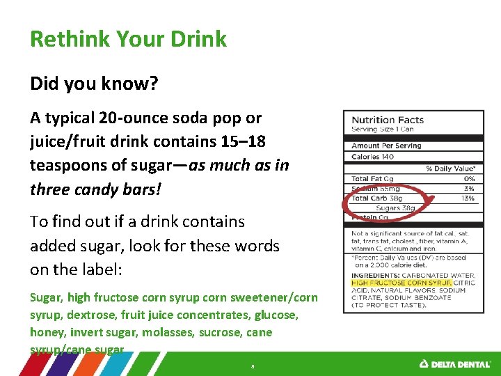 Rethink Your Drink Did you know? A typical 20 -ounce soda pop or juice/fruit