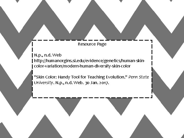 Resource Page N. p. , n. d. Web http: //humanorgins. si. edu/evidence/genetics/human-skincolor-variation/modern-human-diversity-skin-color "Skin Color:
