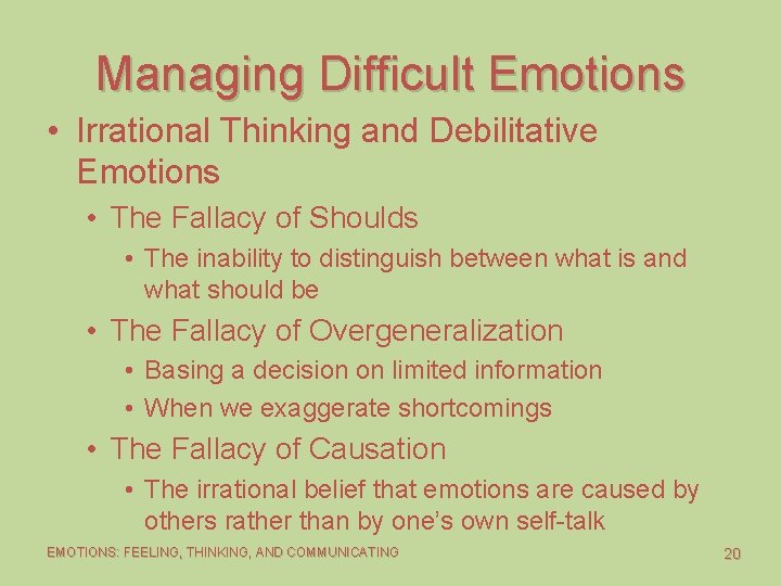 Managing Difficult Emotions • Irrational Thinking and Debilitative Emotions • The Fallacy of Shoulds