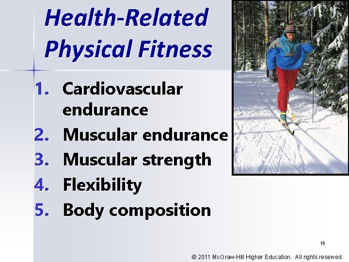 Health-Related Physical Fitness 1. Cardiovascular endurance 2. Muscular endurance 3. Muscular strength 4. Flexibility