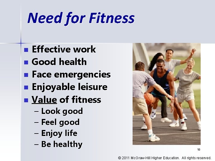 Need for Fitness Effective work n Good health n Face emergencies n Enjoyable leisure