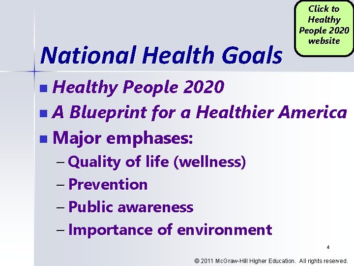 National Health Goals Click to Healthy People 2020 website n Healthy People 2020 n