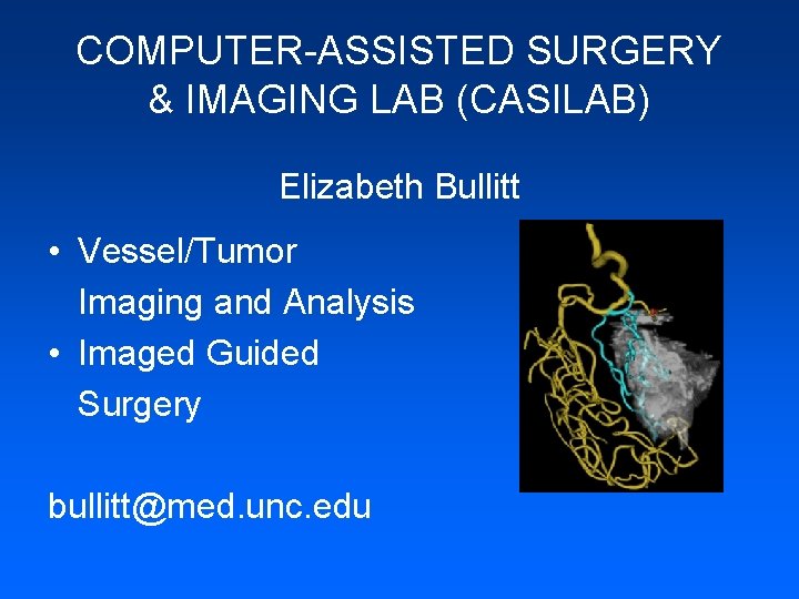 COMPUTER-ASSISTED SURGERY & IMAGING LAB (CASILAB) Elizabeth Bullitt • Vessel/Tumor Imaging and Analysis •