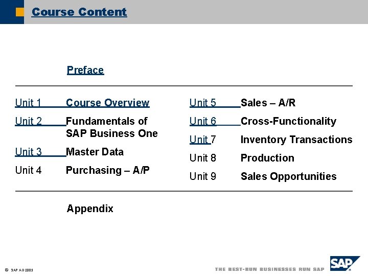 Course Content Preface Unit 1 Course Overview Unit 5 Sales – A/R Unit 2