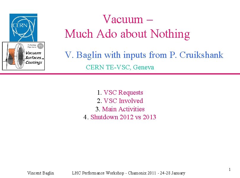 Vacuum – Much Ado about Nothing V. Baglin with inputs from P. Cruikshank CERN