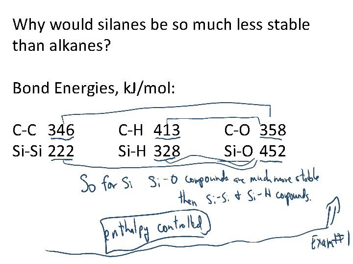 Why would silanes be so much less stable than alkanes? Bond Energies, k. J/mol: