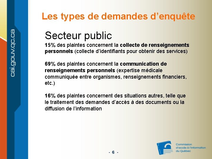 Les types de demandes d’enquête Secteur public 15% des plaintes concernent la collecte de