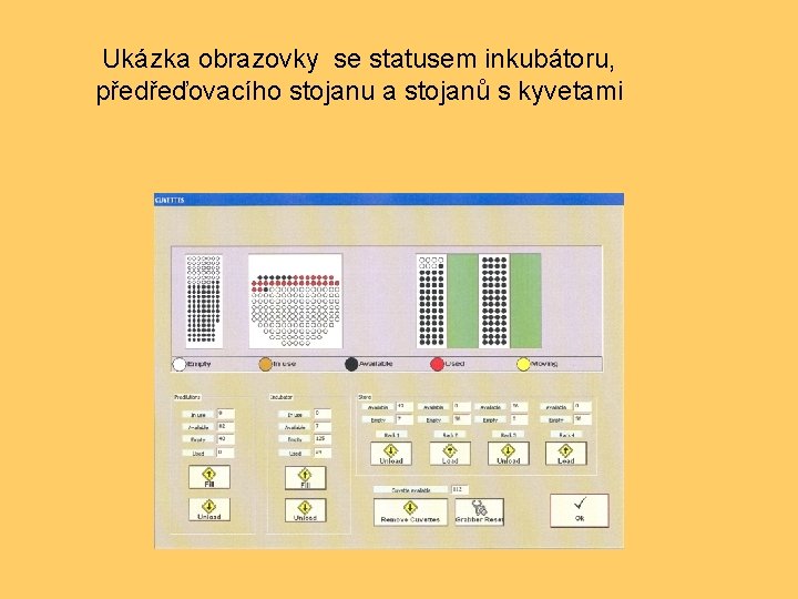 Ukázka obrazovky se statusem inkubátoru, předřeďovacího stojanu a stojanů s kyvetami 