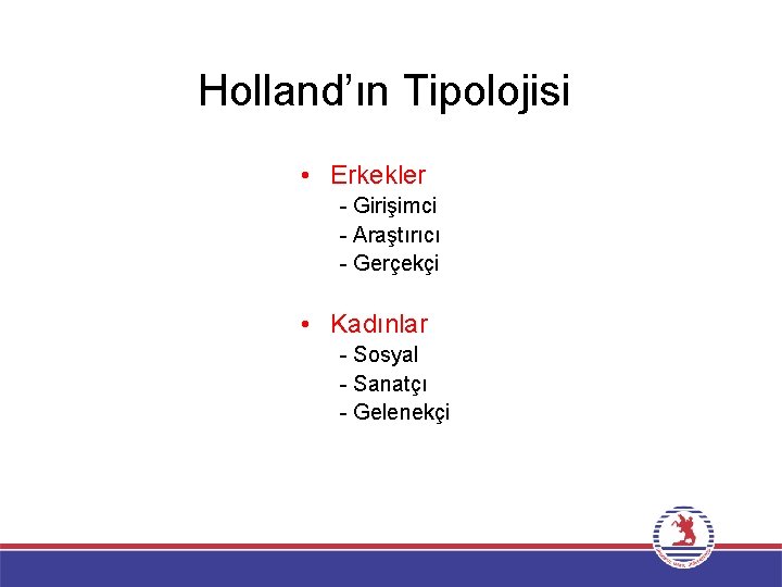 Holland’ın Tipolojisi • Erkekler - Girişimci - Araştırıcı - Gerçekçi • Kadınlar - Sosyal