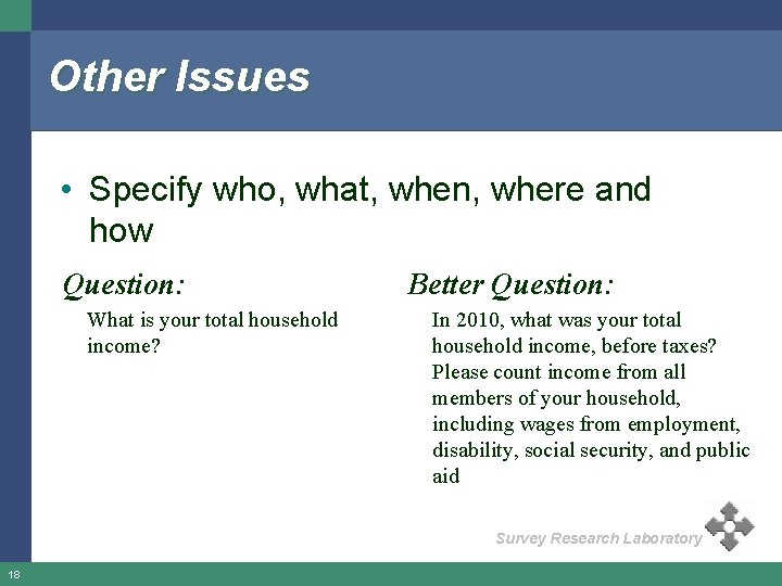 Other Issues • Specify who, what, when, where and how Question: What is your
