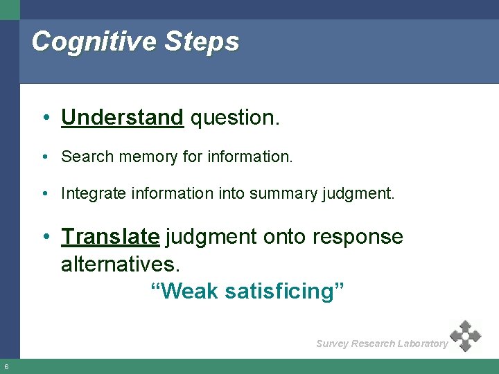 Cognitive Steps • Understand question. • Search memory for information. • Integrate information into