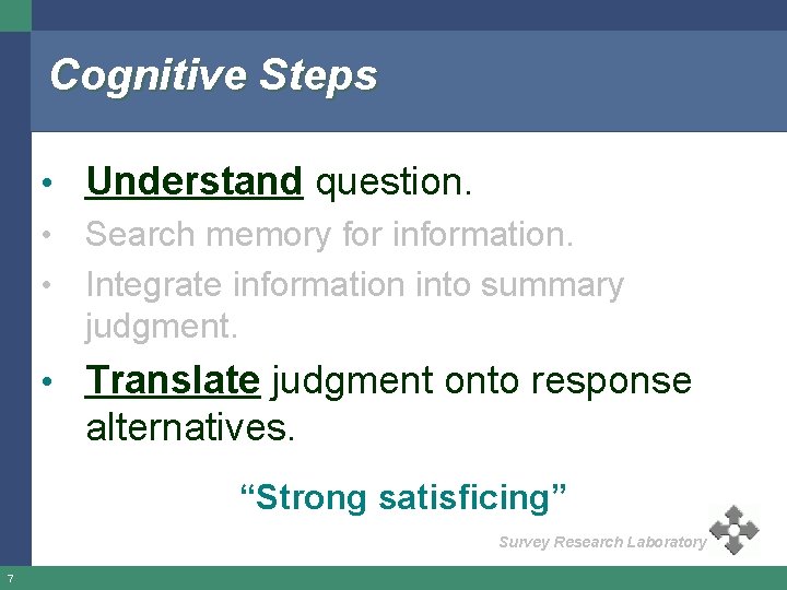 Cognitive Steps • Understand question. • Search memory for information. • Integrate information into