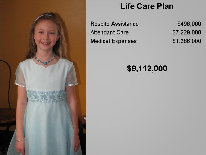 Life Care Plan Respite Assistance Attendant Care Medical Expenses $9, 112, 000 $496, 000 Life Care Plan Respite Assistance Attendant Care Medical Expenses $9, 112, 000 $496, 000
