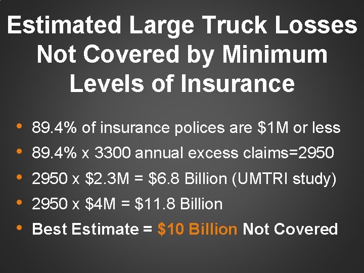 Estimated Large Truck Losses Not Covered by Minimum Levels of Insurance • • • Estimated Large Truck Losses Not Covered by Minimum Levels of Insurance • • •