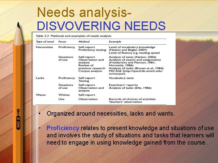 Needs analysis- DISVOVERING NEEDS • Organized around necessities, lacks and wants. • Proficiency relates