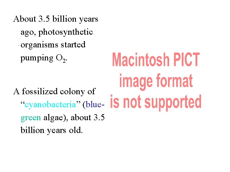 About 3. 5 billion years ago, photosynthetic organisms started pumping O 2. A fossilized