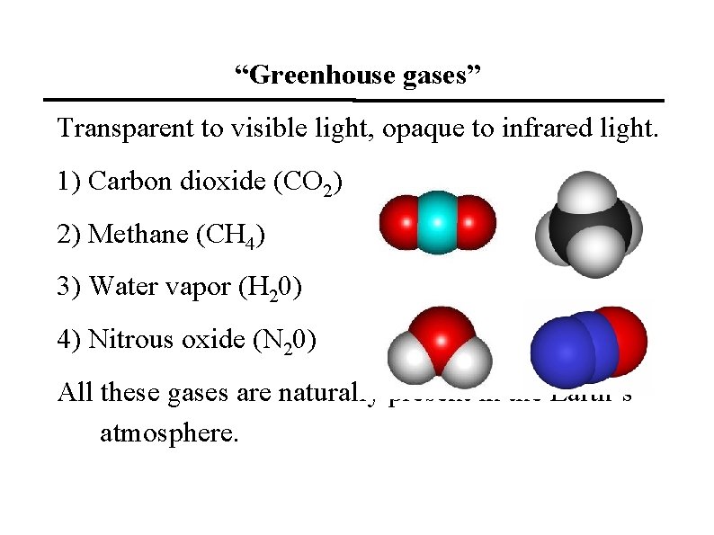 “Greenhouse gases” Transparent to visible light, opaque to infrared light. 1) Carbon dioxide (CO