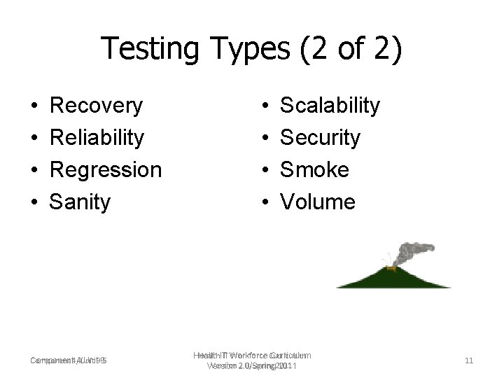 Testing Types (2 of 2) • • Recovery Reliability Regression Sanity Component 4/Unit 9