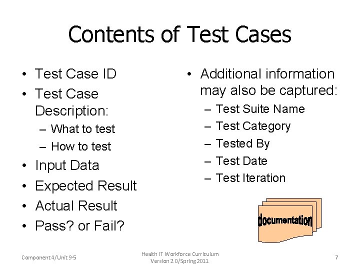 Contents of Test Cases • Test Case ID • Test Case Description: – What