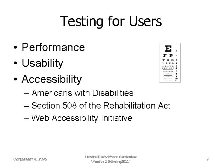 Testing for Users • Performance • Usability • Accessibility – Americans with Disabilities –