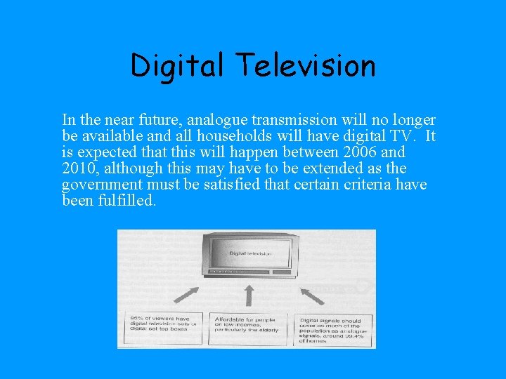 Digital Television In the near future, analogue transmission will no longer be available and
