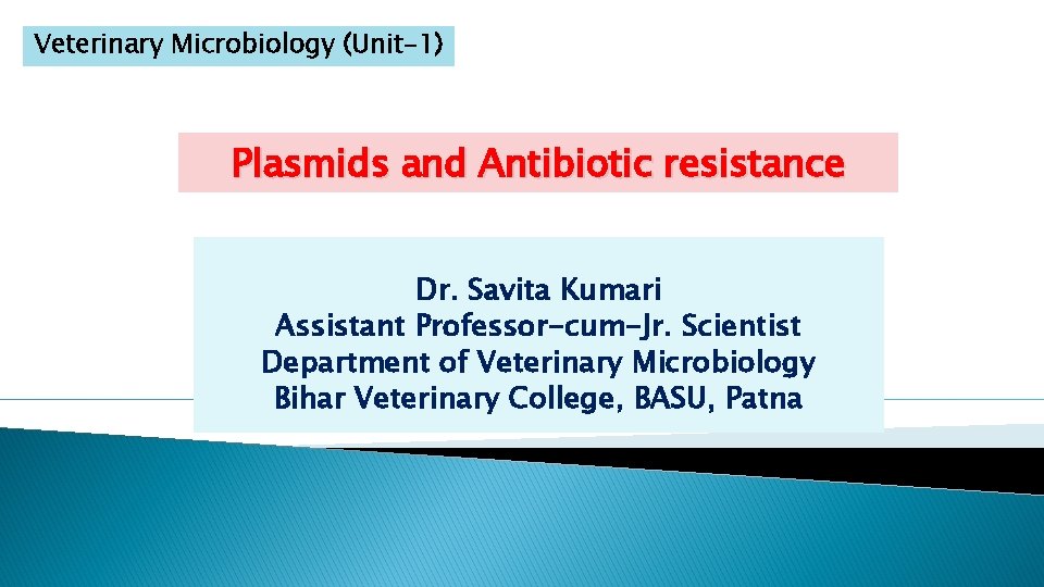 Veterinary Microbiology (Unit-1) Plasmids and Antibiotic resistance Dr. Savita Kumari Assistant Professor-cum-Jr. Scientist Department