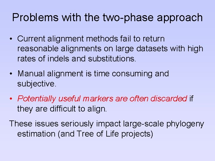 Problems with the two-phase approach • Current alignment methods fail to return reasonable alignments