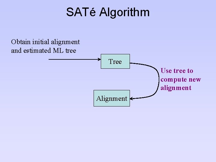 SATé Algorithm Obtain initial alignment and estimated ML tree Tree Use tree to compute