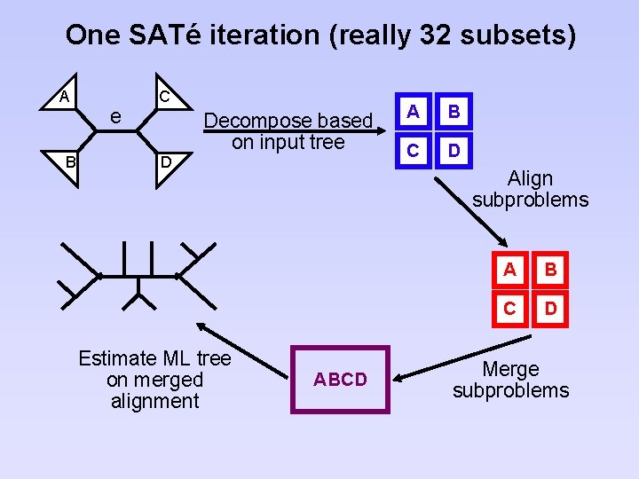 One SATé iteration (really 32 subsets) A B e C Decompose based on input