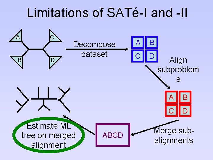 Limitations of SATé-I and -II C A B D Decompose dataset Estimate ML tree