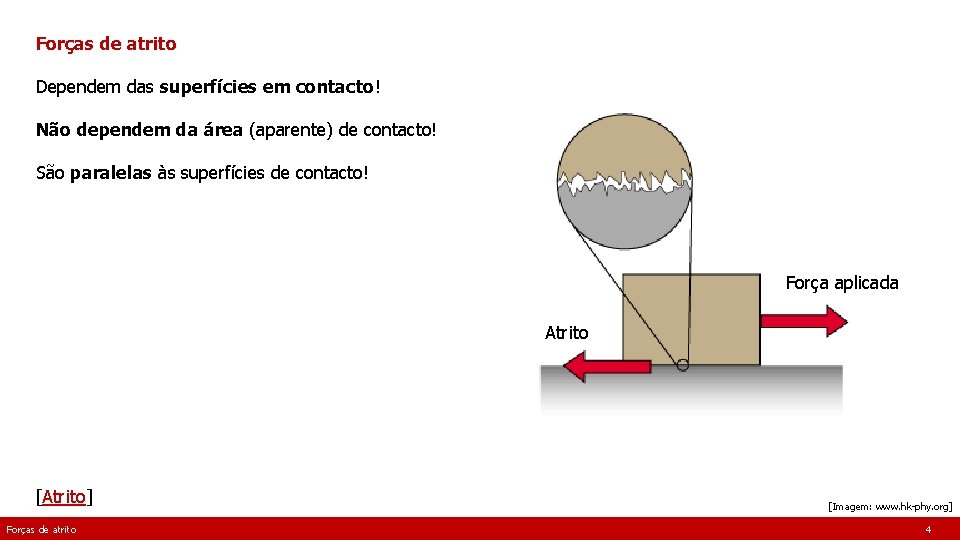 Forças de atrito Dependem das superfícies em contacto! Não dependem da área (aparente) de