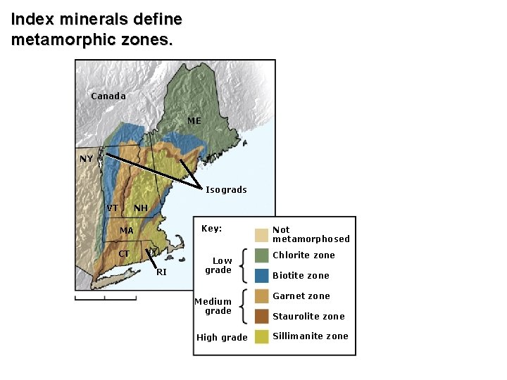 Index minerals define metamorphic zones. Canada ME NY Isograds VT NH Key: MA CT
