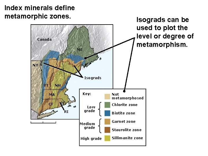 Index minerals define metamorphic zones. Isograds can be used to plot the level or
