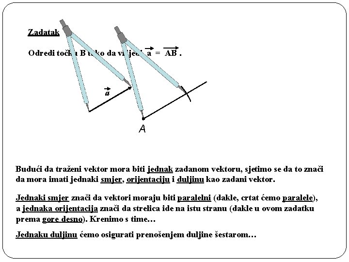 Zadatak Odredi točku B tako da vrijedi a = AB. a A Budući da