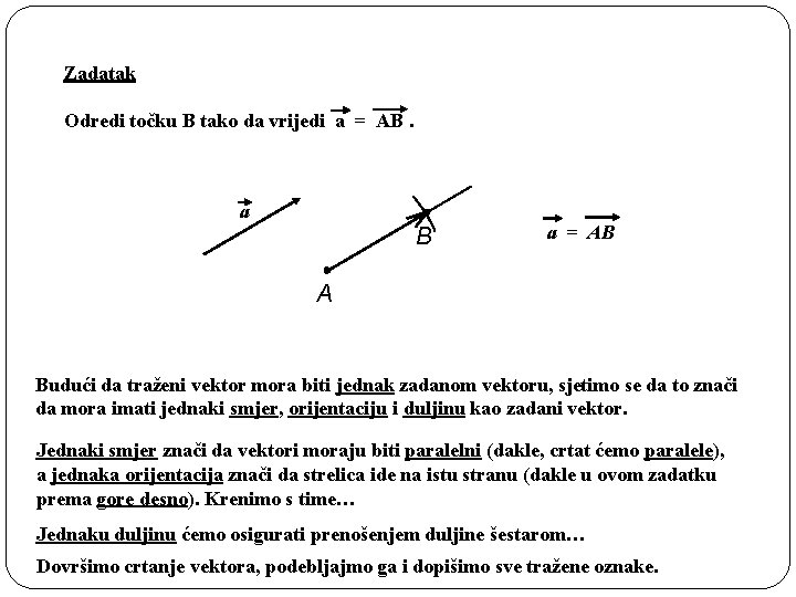 Zadatak Odredi točku B tako da vrijedi a = AB. a B a =