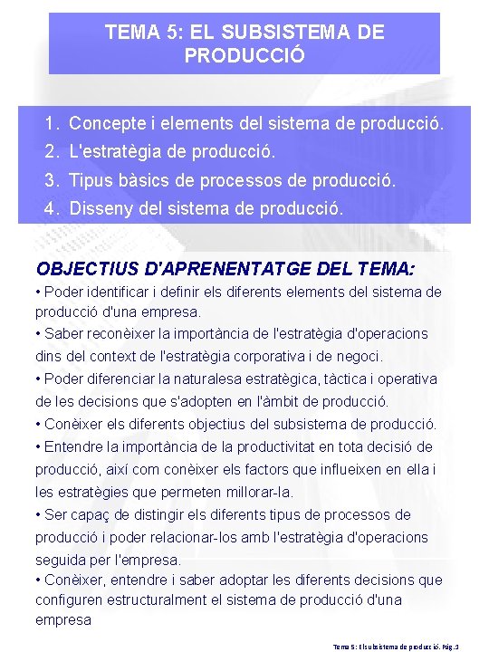 TEMA 5: EL SUBSISTEMA DE PRODUCCIÓ 1. Concepte i elements del sistema de producció.