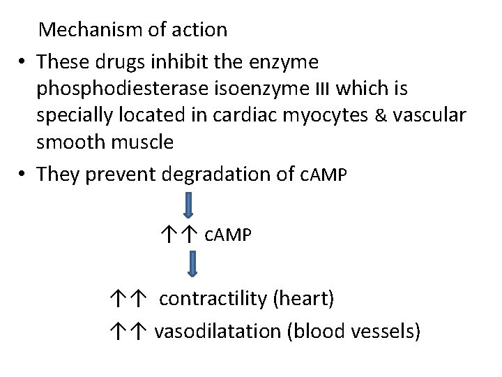 Mechanism of action • These drugs inhibit the enzyme phosphodiesterase isoenzyme III which is