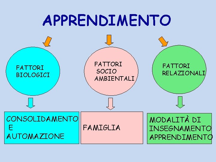 APPRENDIMENTO FATTORI BIOLOGICI FATTORI SOCIO AMBIENTALI CONSOLIDAMENTO FAMIGLIA E AUTOMAZIONE FATTORI RELAZIONALI MODALITÀ DI