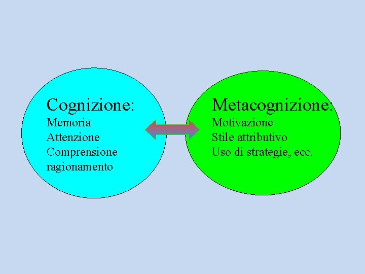 Cognizione: Metacognizione: Memoria Attenzione Comprensione ragionamento Motivazione Stile attributivo Uso di strategie, ecc. 