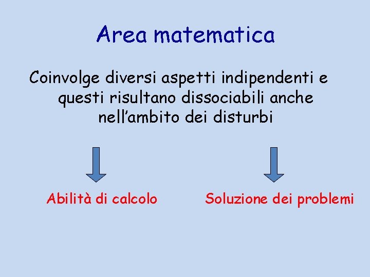 Area matematica Coinvolge diversi aspetti indipendenti e questi risultano dissociabili anche nell’ambito dei disturbi