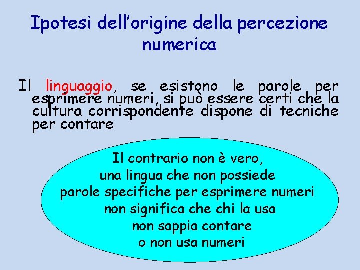 Ipotesi dell’origine della percezione numerica Il linguaggio, se esistono le parole per esprimere numeri,